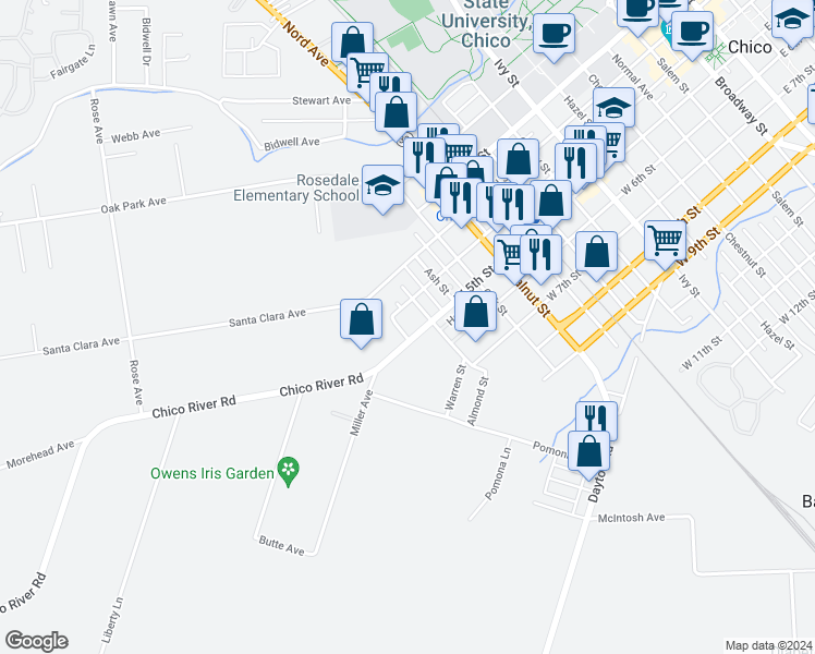 map of restaurants, bars, coffee shops, grocery stores, and more near 435 Maple Street in Chico