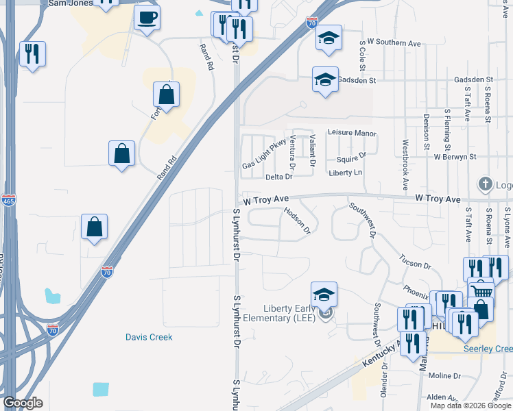 map of restaurants, bars, coffee shops, grocery stores, and more near 5140 Hodson Place in Indianapolis