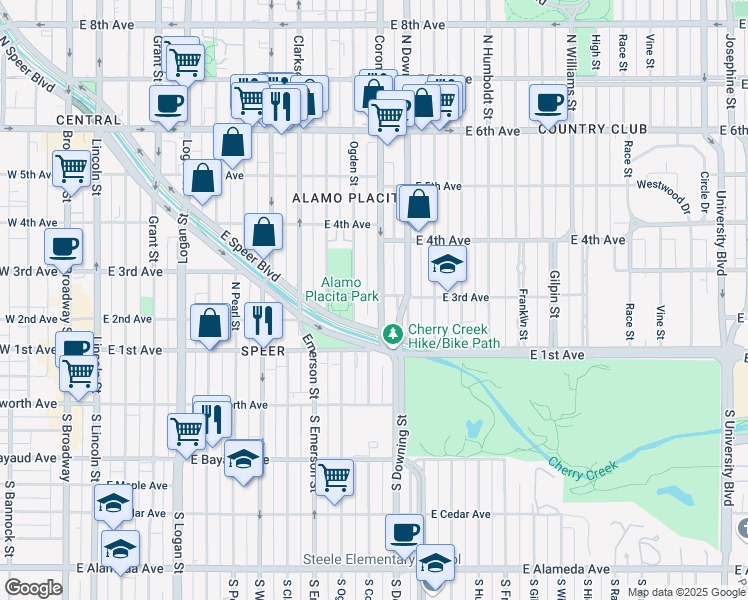 map of restaurants, bars, coffee shops, grocery stores, and more near 1090 East 3rd Avenue in Denver