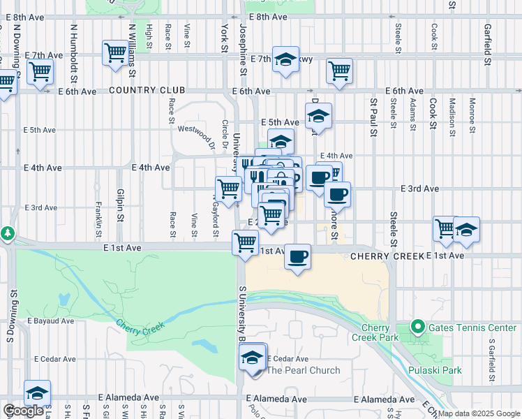 map of restaurants, bars, coffee shops, grocery stores, and more near 220 Josephine Street in Denver