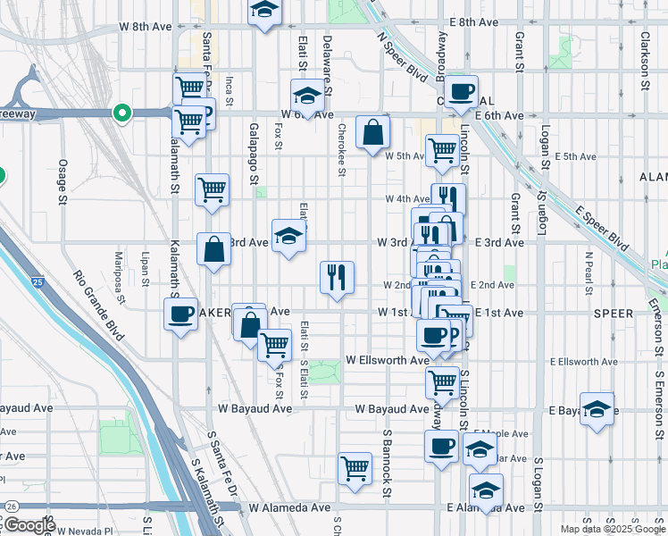 map of restaurants, bars, coffee shops, grocery stores, and more near 232 Delaware Street in Denver