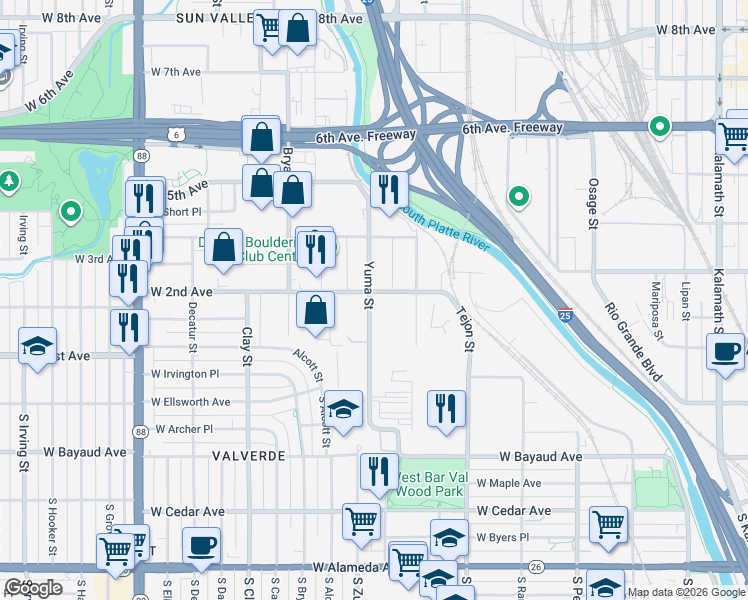map of restaurants, bars, coffee shops, grocery stores, and more near in Denver