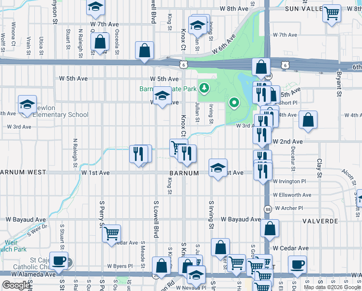 map of restaurants, bars, coffee shops, grocery stores, and more near 209 Knox Court in Denver