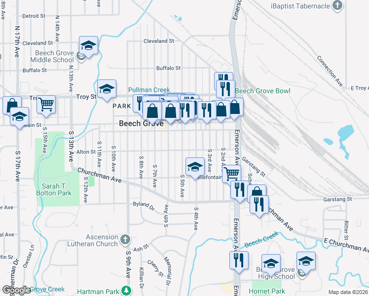 map of restaurants, bars, coffee shops, grocery stores, and more near 90 South 4th Avenue in Beech Grove