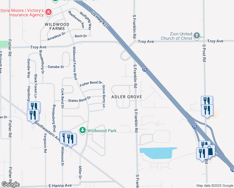map of restaurants, bars, coffee shops, grocery stores, and more near 3347 Spring Wind Lane in Indianapolis