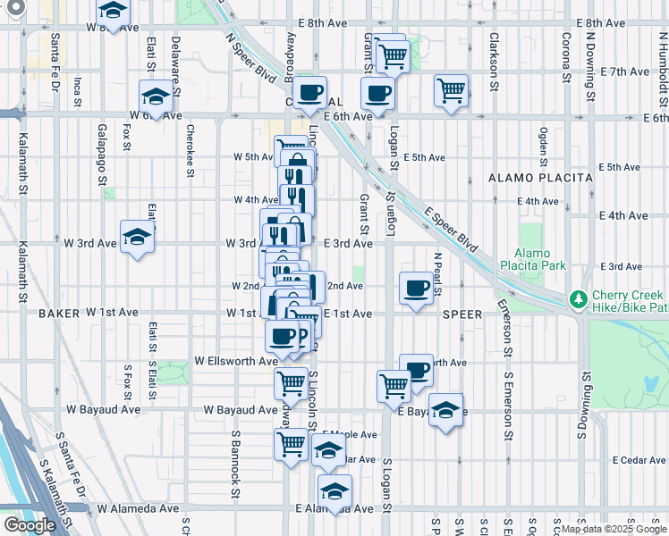 map of restaurants, bars, coffee shops, grocery stores, and more near 231 Sherman Street in Denver