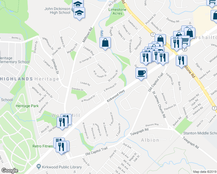 map of restaurants, bars, coffee shops, grocery stores, and more near 5041 East Woodmill Drive in Wilmington