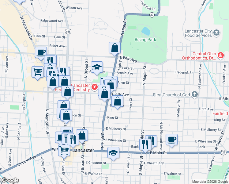 map of restaurants, bars, coffee shops, grocery stores, and more near 223 East 6th Avenue in Lancaster