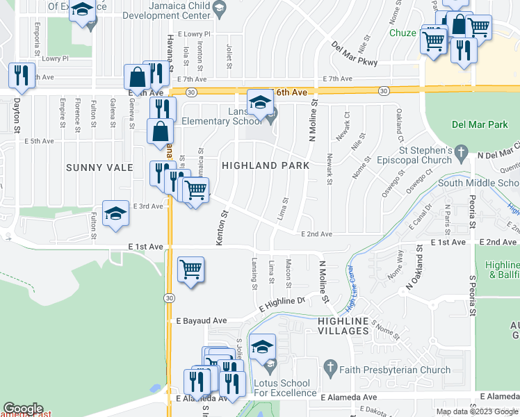 map of restaurants, bars, coffee shops, grocery stores, and more near 301 Lansing Street in Aurora