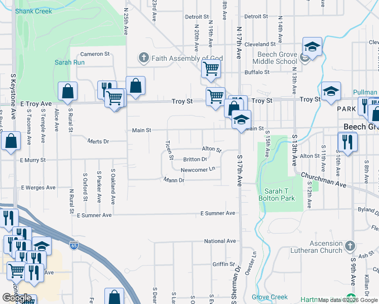 map of restaurants, bars, coffee shops, grocery stores, and more near 2061 Alton Street in Beech Grove