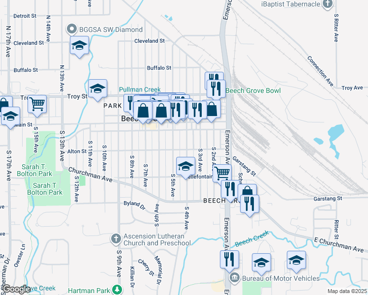 map of restaurants, bars, coffee shops, grocery stores, and more near 90 South 4th Avenue in Beech Grove
