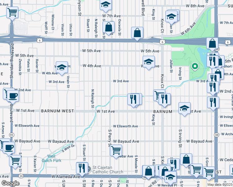 map of restaurants, bars, coffee shops, grocery stores, and more near 201 Osceola Street in Denver