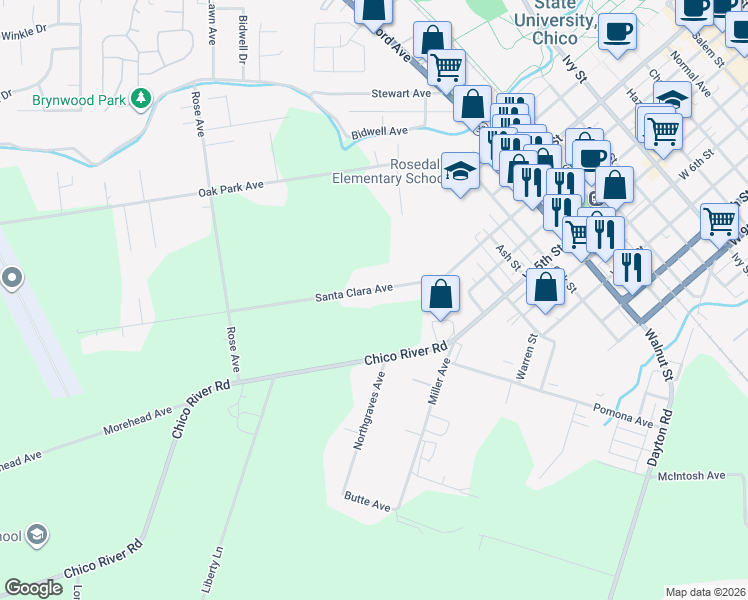 map of restaurants, bars, coffee shops, grocery stores, and more near 1701 Santa Clara Avenue in Chico