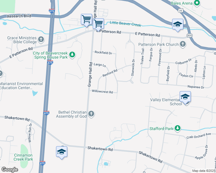 map of restaurants, bars, coffee shops, grocery stores, and more near 990 Renown Road in Beavercreek