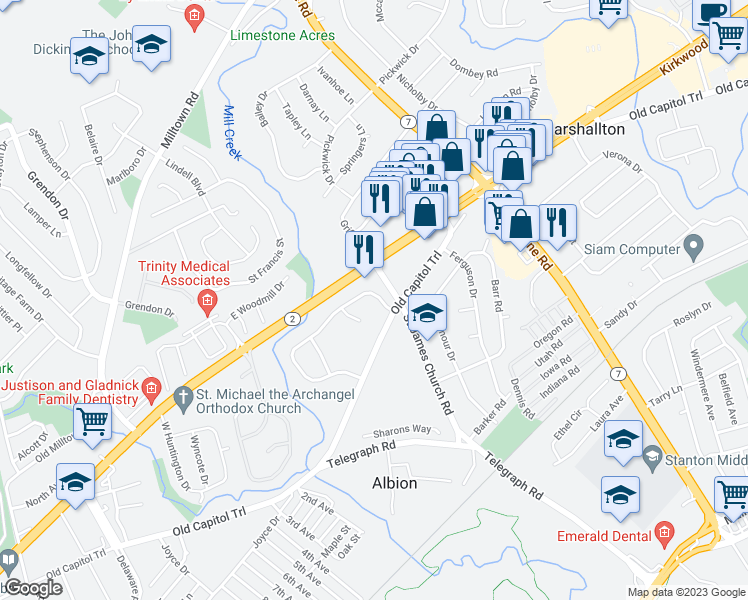 map of restaurants, bars, coffee shops, grocery stores, and more near 2207 Saint James Drive in Wilmington