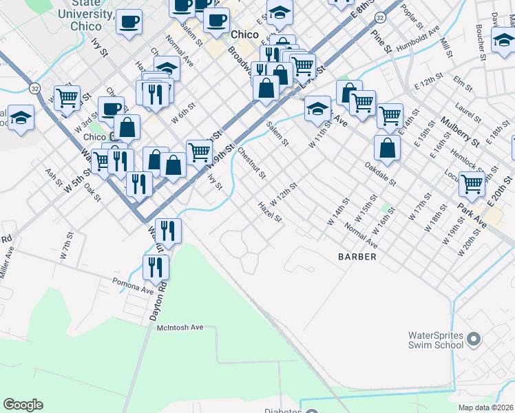 map of restaurants, bars, coffee shops, grocery stores, and more near 1130 Hazel Street in Chico