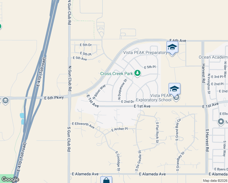 map of restaurants, bars, coffee shops, grocery stores, and more near 185 North Duquesne Street in Aurora