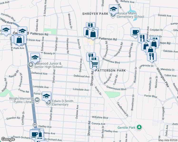 map of restaurants, bars, coffee shops, grocery stores, and more near 1206 Acorn Drive in Dayton