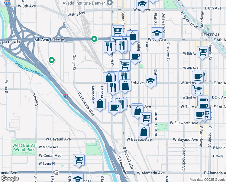 map of restaurants, bars, coffee shops, grocery stores, and more near 204 Kalamath Street in Denver