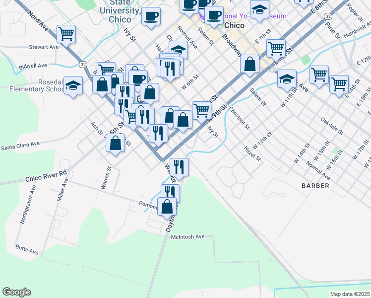 map of restaurants, bars, coffee shops, grocery stores, and more near 926 Orange Street in Chico