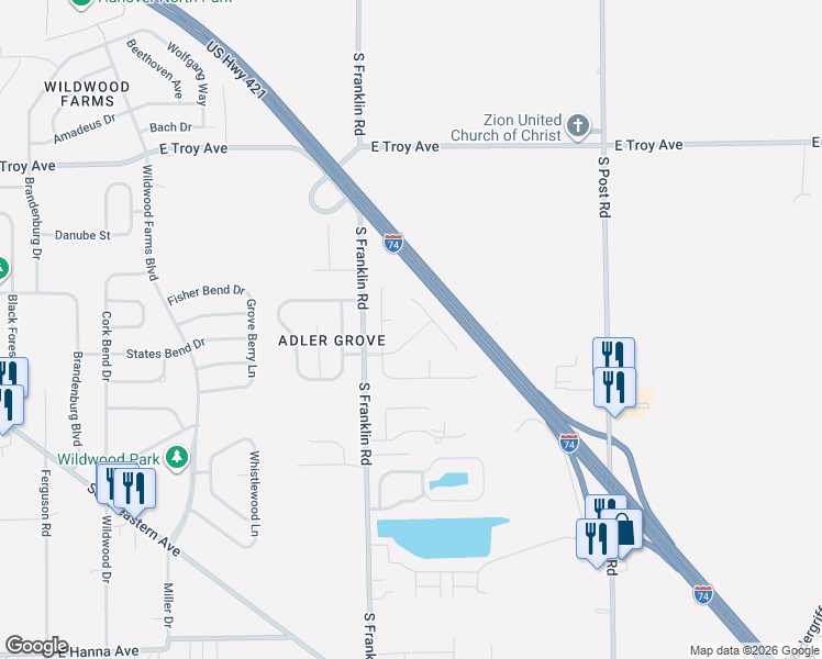 map of restaurants, bars, coffee shops, grocery stores, and more near 8528 Sweet Birch Drive in Indianapolis