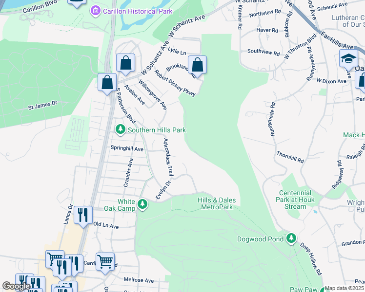 map of restaurants, bars, coffee shops, grocery stores, and more near 2389 Shelterwood Drive in Dayton