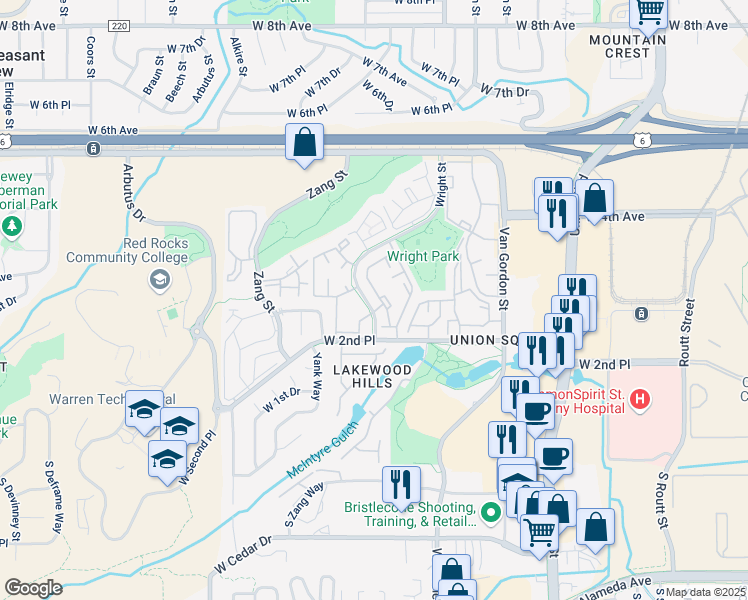 map of restaurants, bars, coffee shops, grocery stores, and more near 312 Wright Street in Lakewood