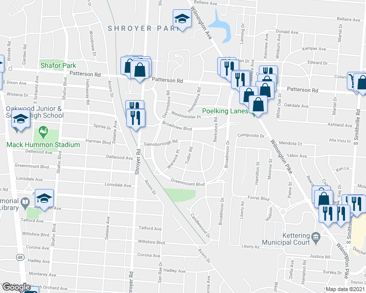 map of restaurants, bars, coffee shops, grocery stores, and more near 1008 Warwick Place in Dayton