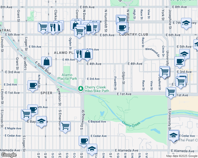 map of restaurants, bars, coffee shops, grocery stores, and more near 293 North Lafayette Street in Denver