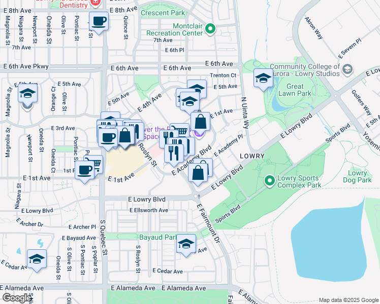 map of restaurants, bars, coffee shops, grocery stores, and more near 7557 East Academy Boulevard in Denver