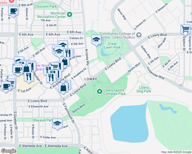 map of restaurants, bars, coffee shops, grocery stores, and more near 8519 East Lowry Boulevard in Denver