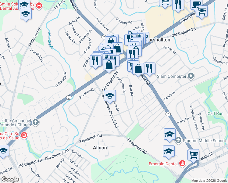 map of restaurants, bars, coffee shops, grocery stores, and more near 2124 Armour Drive in Wilmington