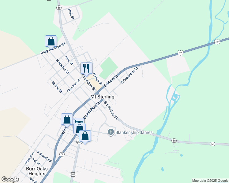 map of restaurants, bars, coffee shops, grocery stores, and more near 59 East Columbus Street in Mount Sterling