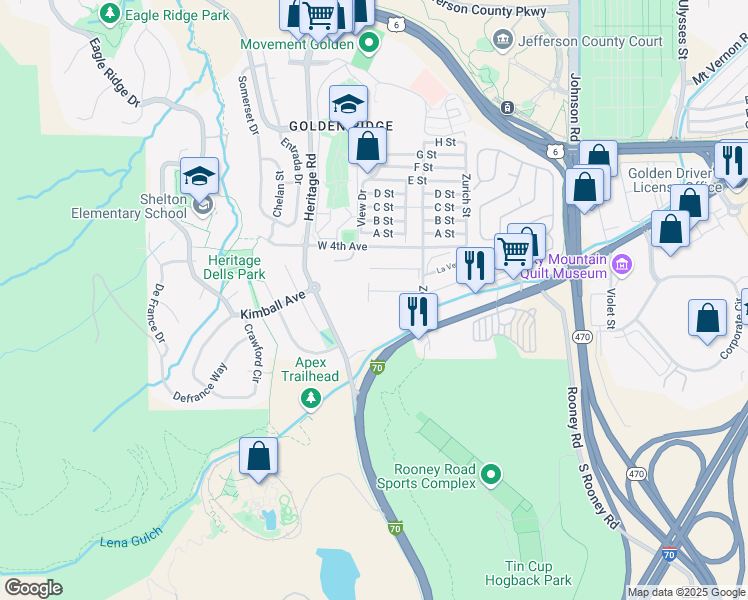 map of restaurants, bars, coffee shops, grocery stores, and more near 18236 West 3rd Avenue in Golden