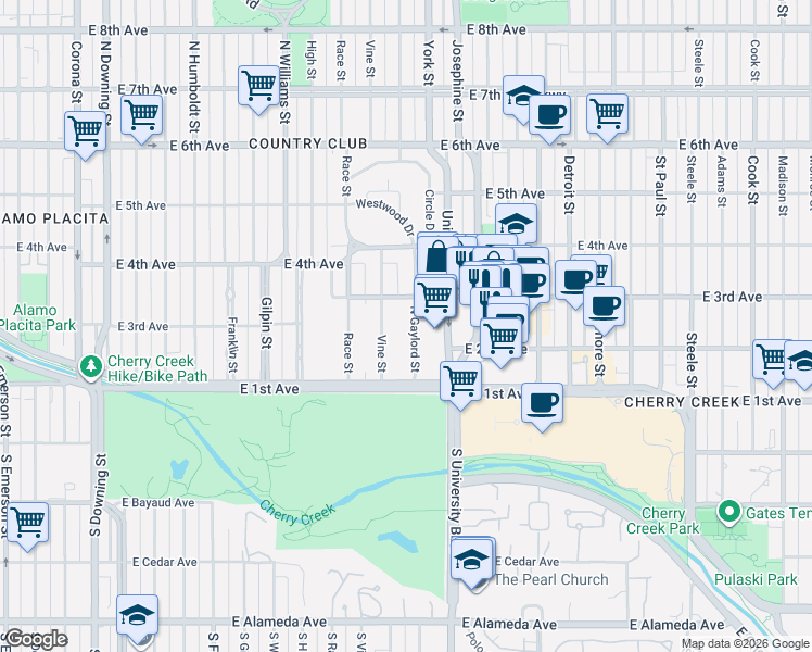 map of restaurants, bars, coffee shops, grocery stores, and more near 225 North Gaylord Street in Denver