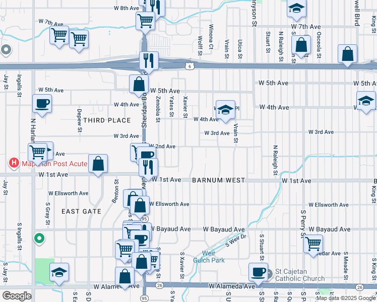 map of restaurants, bars, coffee shops, grocery stores, and more near 189 Xavier Street in Denver