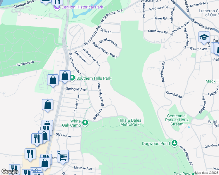 map of restaurants, bars, coffee shops, grocery stores, and more near 2389 Shelterwood Drive in Dayton