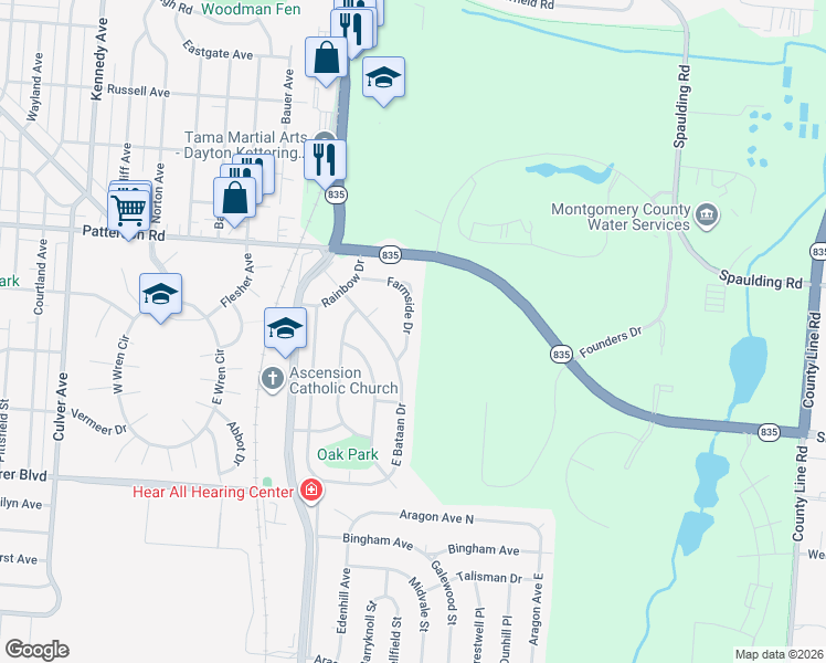 map of restaurants, bars, coffee shops, grocery stores, and more near 1939 Farmside Drive in Dayton
