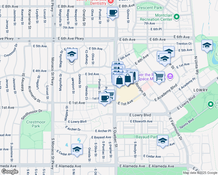map of restaurants, bars, coffee shops, grocery stores, and more near 199 Quebec Street in Denver