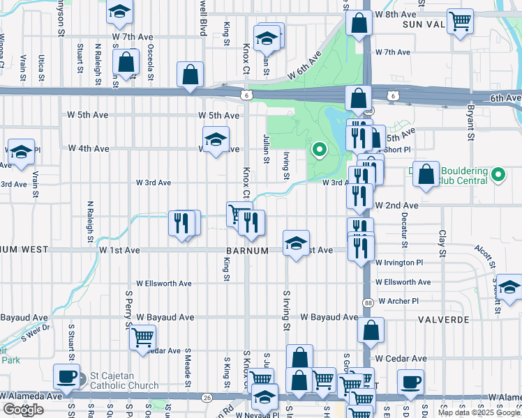 map of restaurants, bars, coffee shops, grocery stores, and more near 211 Julian Street in Denver
