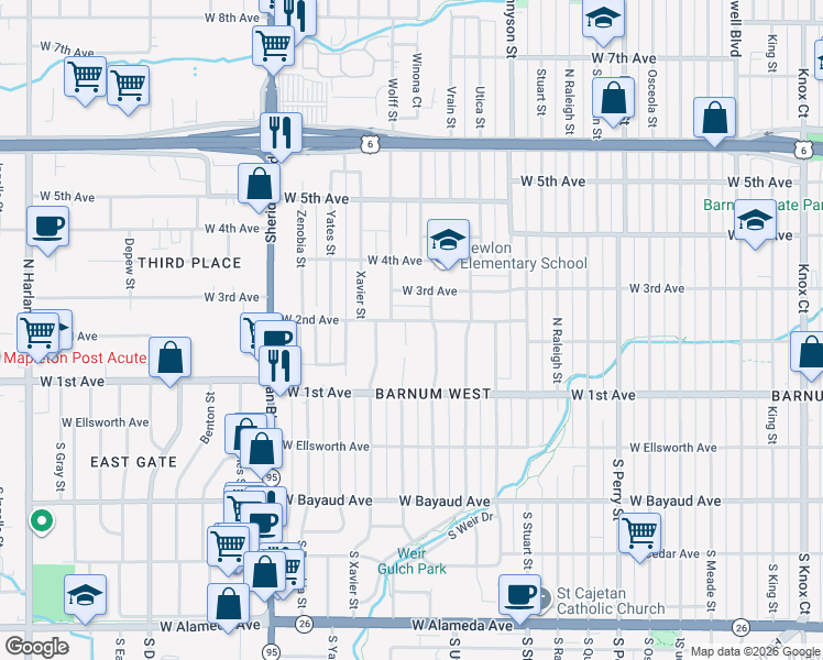 map of restaurants, bars, coffee shops, grocery stores, and more near 191 Wolff Street in Denver