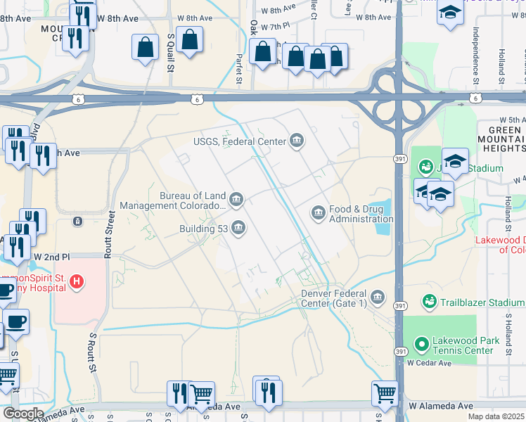 map of restaurants, bars, coffee shops, grocery stores, and more near in Lakewood