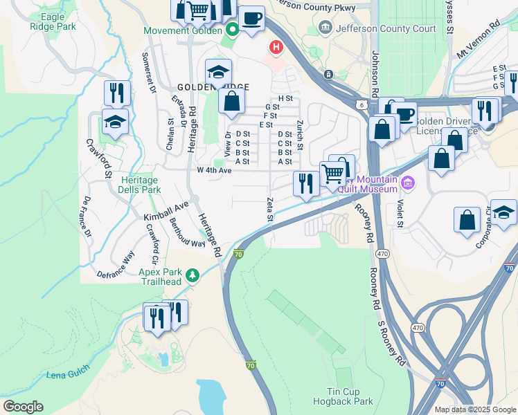 map of restaurants, bars, coffee shops, grocery stores, and more near 18206 West 3rd Avenue in Golden