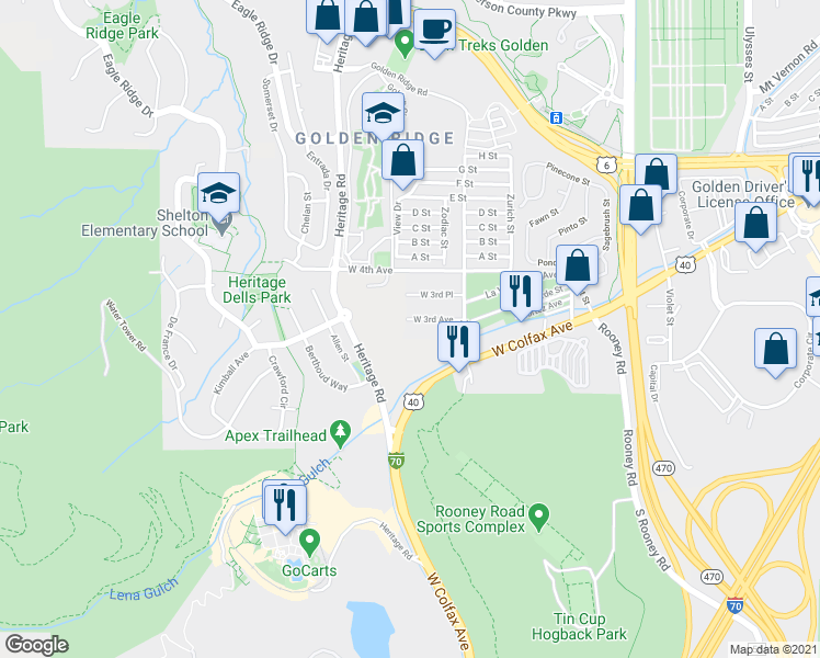 map of restaurants, bars, coffee shops, grocery stores, and more near 18236 West 3rd Avenue in Golden
