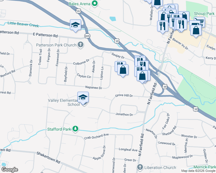 map of restaurants, bars, coffee shops, grocery stores, and more near 3540 Napanee Drive in Beavercreek