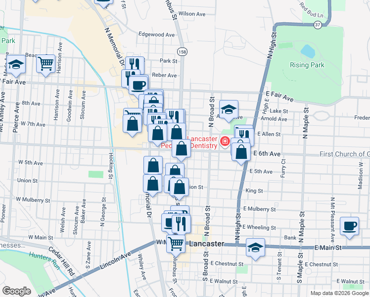 map of restaurants, bars, coffee shops, grocery stores, and more near 155 West 6th Avenue in Lancaster