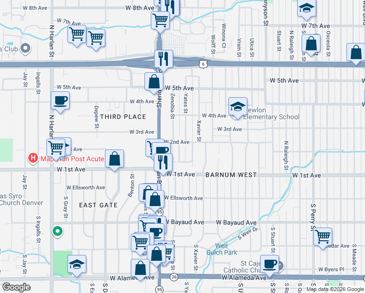 map of restaurants, bars, coffee shops, grocery stores, and more near 186 Yates Street in Denver