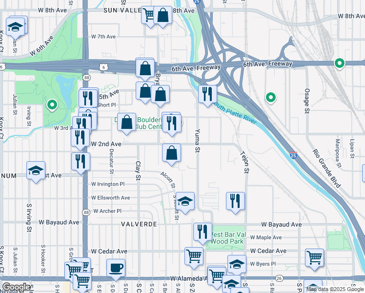 map of restaurants, bars, coffee shops, grocery stores, and more near 2474 West 2nd Avenue in Denver