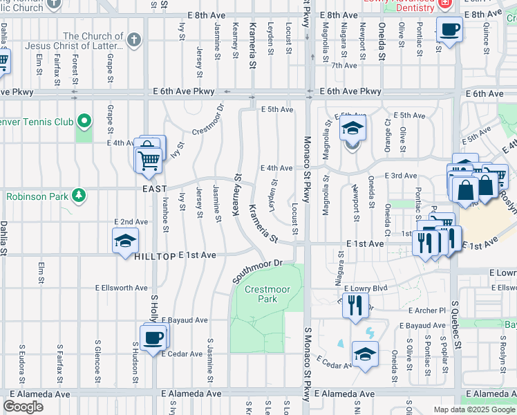 map of restaurants, bars, coffee shops, grocery stores, and more near 230 Krameria Street in Denver