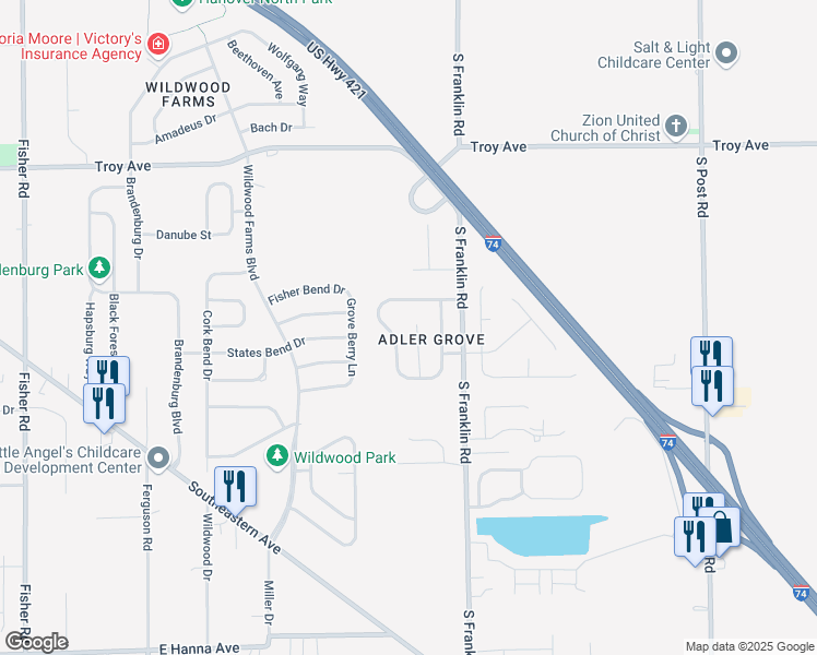map of restaurants, bars, coffee shops, grocery stores, and more near 3347 Spring Wind Lane in Indianapolis